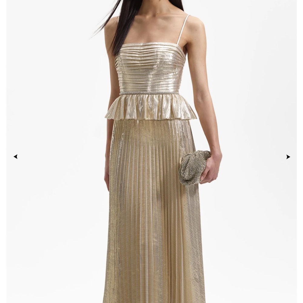 NWOT Self-Portrait Pintucked Plissé-Lamé Gold Gown
